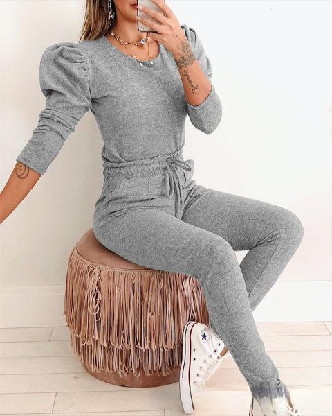 women's two piece pants 2021 autumn and winter bubble sleeve long round neck t-shirt + elastic waist tie casual sweatpants two-piece se, White
women's two piece pants 2021 autumn and winter bubble sleeve long round neck t-shirt + elastic waist tie casual sweatpants two-piece se, White