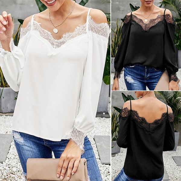 women's blouses & shirts fashion lace patchwork women long sleeve blouse spaghetti straps off shoulder casual, White
women's blouses & shirts fashion lace patchwork women long sleeve blouse spaghetti straps off shoulder casual, White