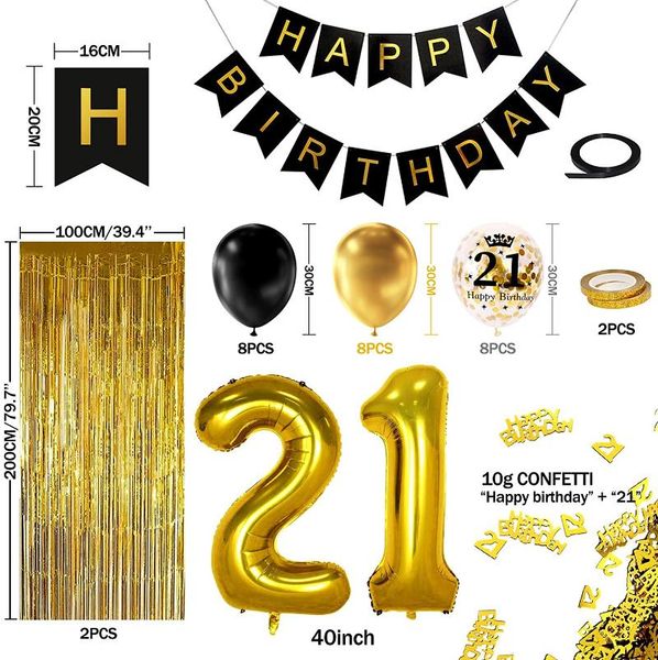 21st black gold birthday party decoration, happy banner, helium number balloon 21 xxl, 2 fringe curtain, latex con decoration
21st black gold birthday party decoration, happy banner, helium number balloon 21 xxl, 2 fringe curtain, latex con decoration