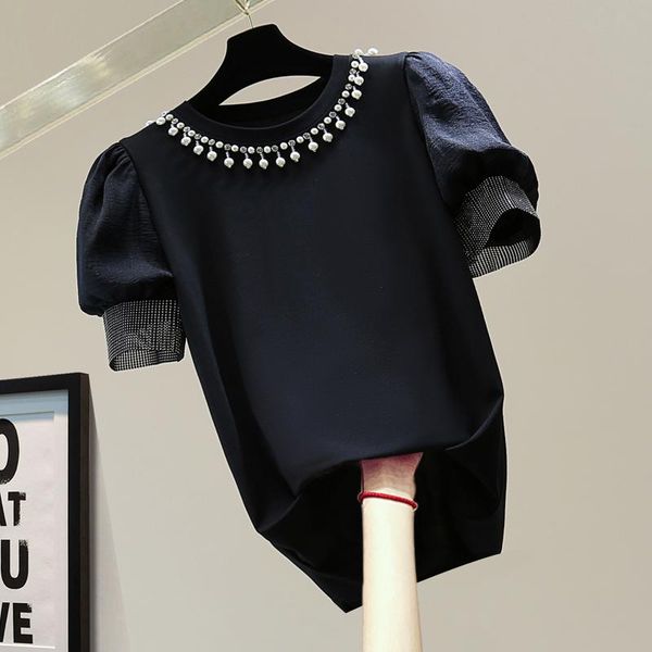 women's t-shirt chiffon stitching puff sleeve 2021 summer korean style loose temperament beads rhinestones fashion, White
women's t-shirt chiffon stitching puff sleeve 2021 summer korean style loose temperament beads rhinestones fashion, White