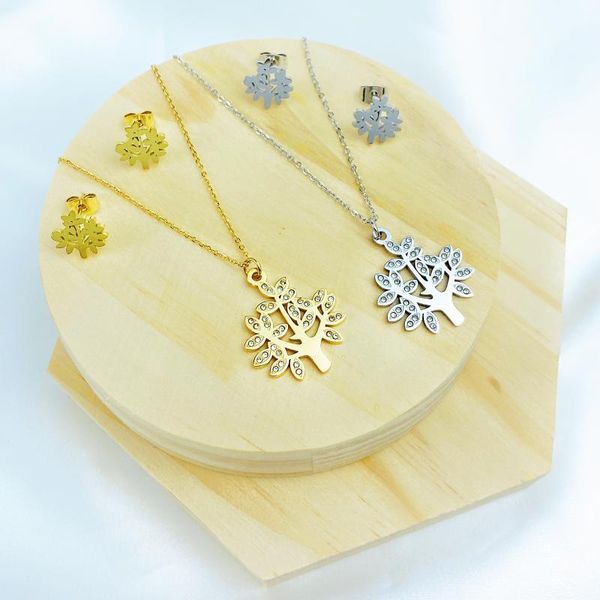 earrings & necklace stainless steel set tree of life golden short necklace, small crystal pendant, Silver
earrings & necklace stainless steel set tree of life golden short necklace, small crystal pendant, Silver