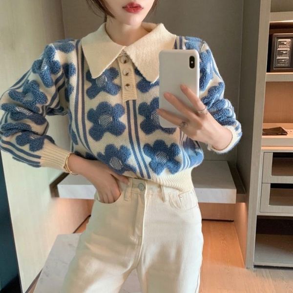women's sweaters fall 2021 long sleeve knitted sweater sweet elegant floral jacquard women turn down collar pullover, White;black
women's sweaters fall 2021 long sleeve knitted sweater sweet elegant floral jacquard women turn down collar pullover, White;black