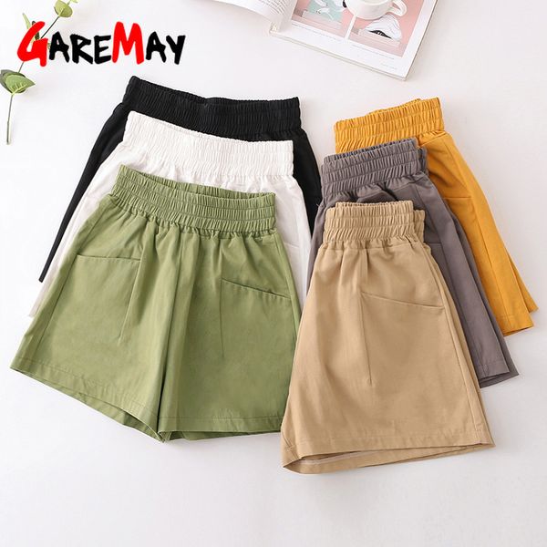 women cotton shorts wide leg elastic waist female khaki high white summer soft with pockets 210428, White;black
women cotton shorts wide leg elastic waist female khaki high white summer soft with pockets 210428, White;black