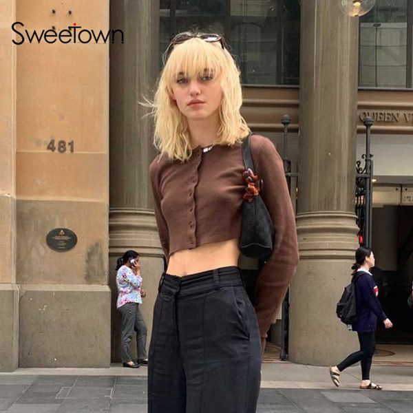 sweetown y2k aesthetic brown cropped shirt women vintage 90s school girl clothes o neck long sleeve button woman tshirts, Black;white
sweetown y2k aesthetic brown cropped shirt women vintage 90s school girl clothes o neck long sleeve button woman tshirts, Black;white