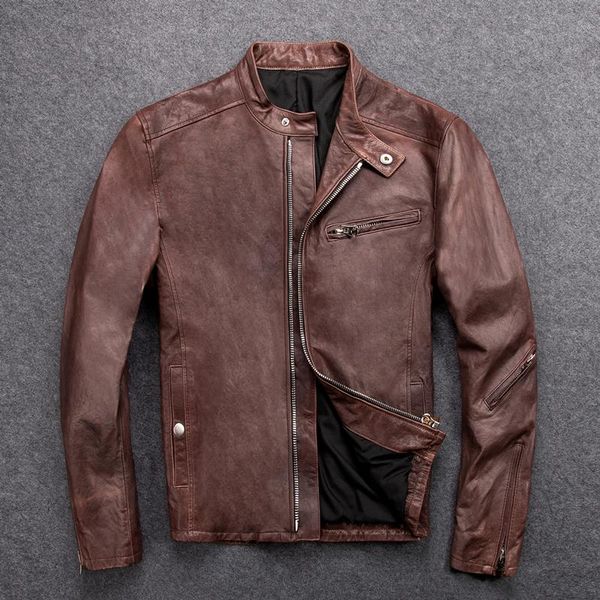 men's leather & faux gu.seemio genuine jacket sheepskin with vegetable tanning vintage cool motorcycle stand collar, Black
men's leather & faux gu.seemio genuine jacket sheepskin with vegetable tanning vintage cool motorcycle stand collar, Black