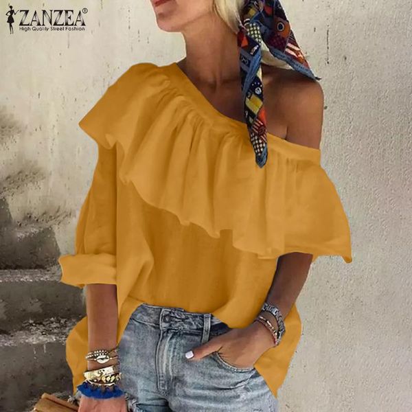 women's blouses & shirts off shoulder 2021 zanzea stylish summer ruffle casual asymmetrical female tunic chemise, White
women's blouses & shirts off shoulder 2021 zanzea stylish summer ruffle casual asymmetrical female tunic chemise, White