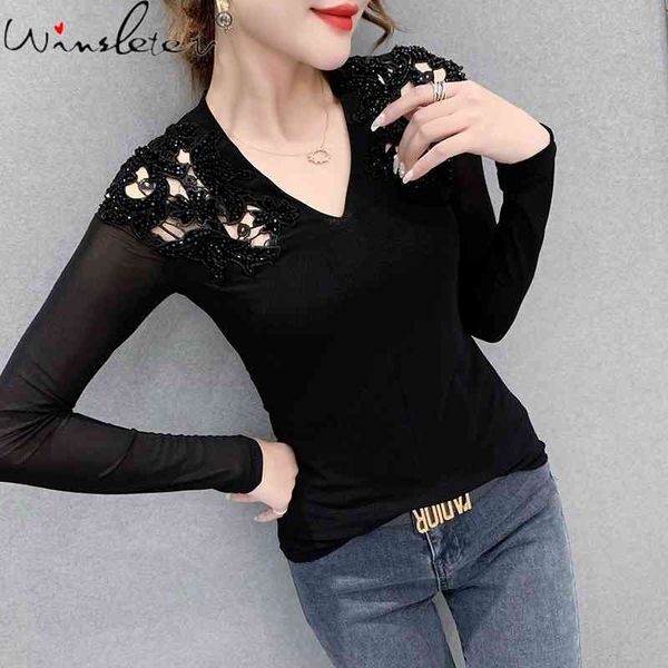 women's t-shirt spring fall korean style girl fashion v-neck hollow out beading spliced mesh women long sleeve t0d604a 0, White
women's t-shirt spring fall korean style girl fashion v-neck hollow out beading spliced mesh women long sleeve t0d604a 0, White