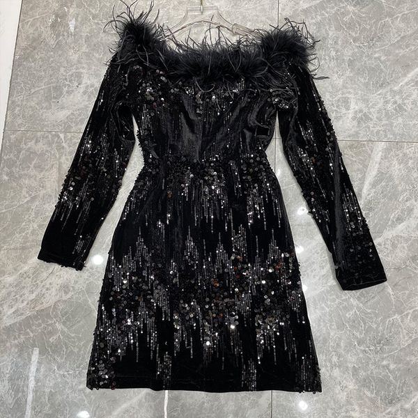 autumn new velvet sequin embroidery ostrich feather decorative off-shoulder dress womens slimming long sleeve narrow skirt, Black;gray
autumn new velvet sequin embroidery ostrich feather decorative off-shoulder dress womens slimming long sleeve narrow skirt, Black;gray