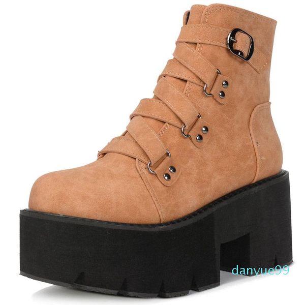 boots female platform punk autumn high women block heels ankle shoes woman, Black