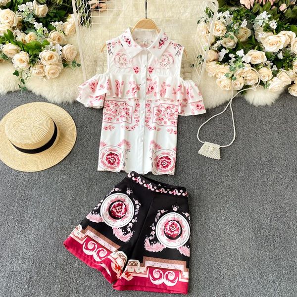 women's two piece pants amolapha woman retro fashion printed suits off shoulder short sleeve ruffles shirts+shorts summer sets, White
women's two piece pants amolapha woman retro fashion printed suits off shoulder short sleeve ruffles shirts+shorts summer sets, White