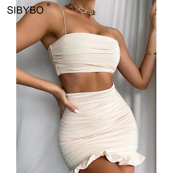 sibybo 2 piece set women ruched summer dress spaghetti strap crop mini dress sets elegant ruffles bodycon party dress, Black;white