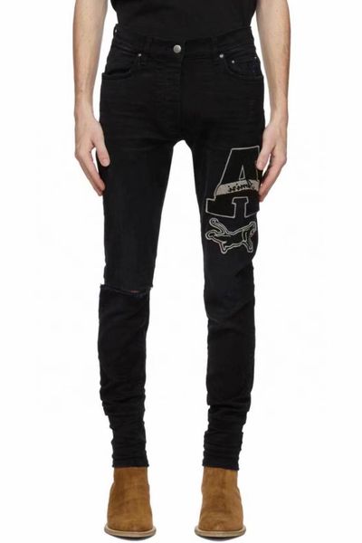 am style black towel embroidered a letter tiger bleached used knife cut hole cotton stretch slim fit jeans, Blue
am style black towel embroidered a letter tiger bleached used knife cut hole cotton stretch slim fit jeans, Blue