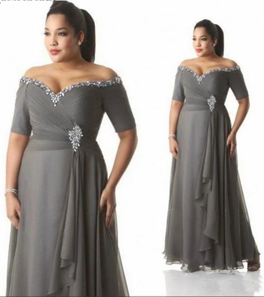 plus size grey chiffon fo drrmal evening dresses a line off shoulder crystals beaded short sleeve floor length women prom dress special occa, Black;red
plus size grey chiffon fo drrmal evening dresses a line off shoulder crystals beaded short sleeve floor length women prom dress special occa, Black;red