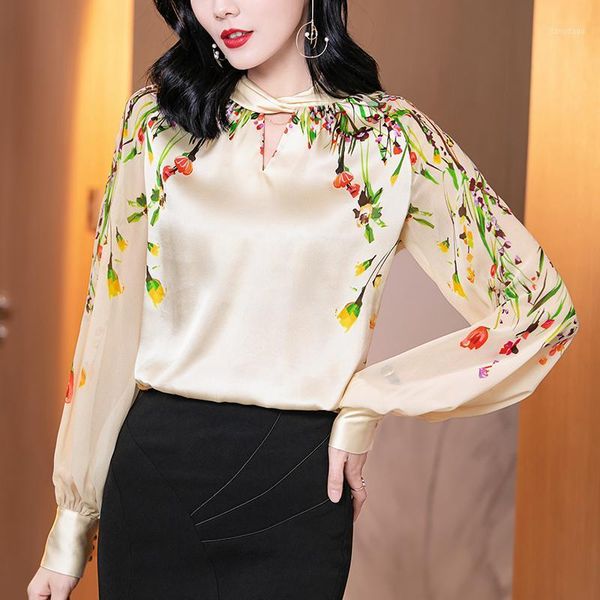 women's blouses & shirts spring autumn women satin shirt elegant folds stand collar long lantern sleeve loose real silk female floral, White
women's blouses & shirts spring autumn women satin shirt elegant folds stand collar long lantern sleeve loose real silk female floral, White