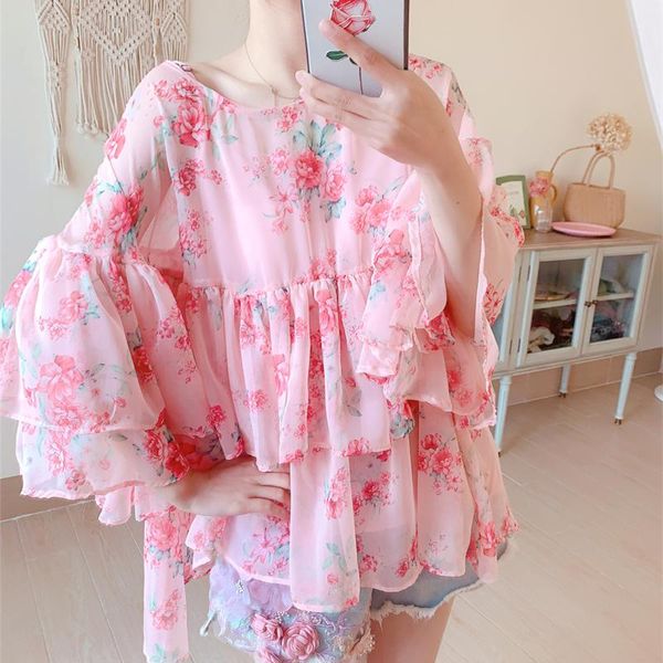 women summer lolita style sweet cute floral print ruffles korean bohemian casual oversize imitation silk chiffon blouses women's & shir, White
women summer lolita style sweet cute floral print ruffles korean bohemian casual oversize imitation silk chiffon blouses women's & shir, White
