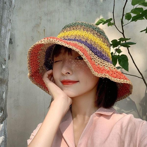 wide brim hats ladies straw hand-woven colorful striped sun hat summer holiday beach color foldable, Blue;gray
wide brim hats ladies straw hand-woven colorful striped sun hat summer holiday beach color foldable, Blue;gray