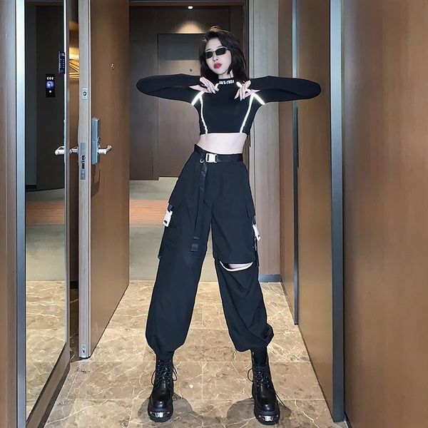 reflective navel jazz long-sleeved sequins panelled t-shirt two-piece pant sets removable buckle streamer loose cargo pants women's two, White
reflective navel jazz long-sleeved sequins panelled t-shirt two-piece pant sets removable buckle streamer loose cargo pants women's two, White