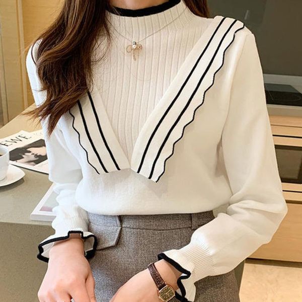 women's sweaters mock neck sweater womens ruffles pullover long sleeve jumper knitted female fitting office lady 2021 autumn, White;black
women's sweaters mock neck sweater womens ruffles pullover long sleeve jumper knitted female fitting office lady 2021 autumn, White;black