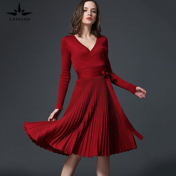 casual dresses warm elegant pleated knitting bodycon bow red 2021 spring long sleeve sweater linen skater women dress, Black;gray 
casual dresses warm elegant pleated knitting bodycon bow red 2021 spring long sleeve sweater linen skater women dress, Black;gray