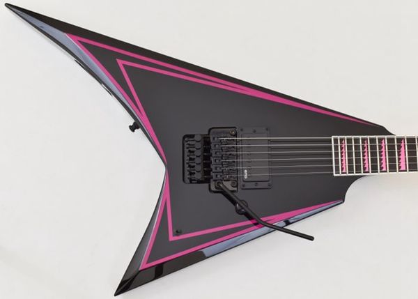 Image of Custom Shop Alexi Laiho Pink Sawtooth Flying V Electric Guitar Scalloped Fingerboard 20-24, Floyd Rose Tremolo Bridge, China EMG Pickup, Black Hardware, Sharkfin Inlay