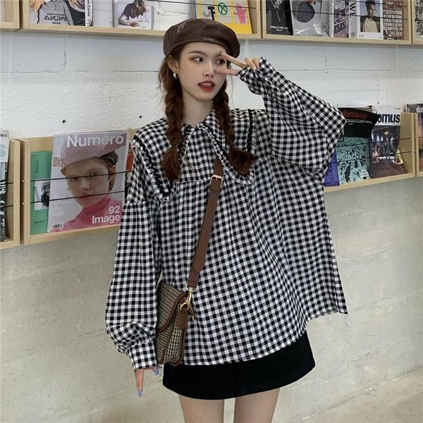 women's blouses & shirts 2021 autumn korean style doll collar plaid loose long sleeves shirt, White
women's blouses & shirts 2021 autumn korean style doll collar plaid loose long sleeves shirt, White