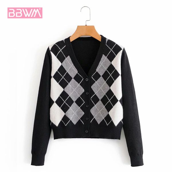 retro v-neck diamond color block knit long-sleeved women's sweater harajuku korean single breasted female cardigan 210507, White;black
retro v-neck diamond color block knit long-sleeved women's sweater harajuku korean single breasted female cardigan 210507, White;black