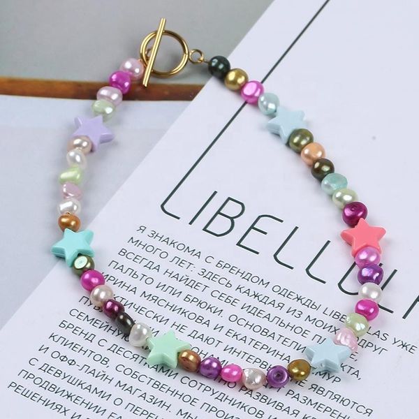 chains fashion 6-7mm freshwater colorful baroque pearl five-pointed star necklace, Silver
chains fashion 6-7mm freshwater colorful baroque pearl five-pointed star necklace, Silver