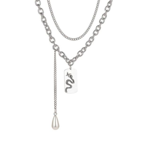 punk snake geometric water drop simulated pearl pendant necklaces for women female hip hop double layer metal chain jewelry, Silver
punk snake geometric water drop simulated pearl pendant necklaces for women female hip hop double layer metal chain jewelry, Silver