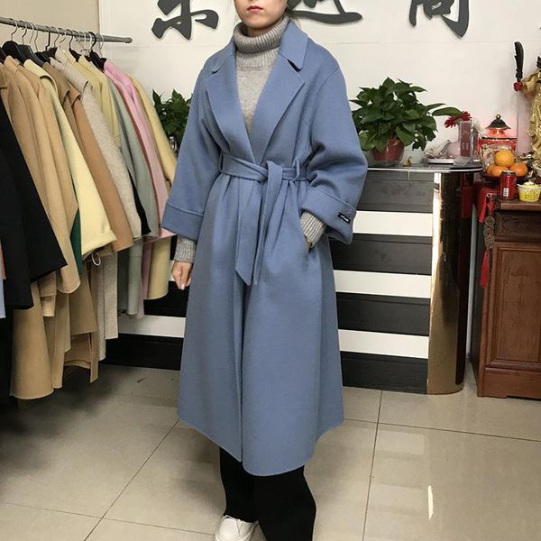 women's wool & blends fall winter 2021 long haze blue double-sided cashmere blend coat korean version loose lace-up high-end outerwear, Black
women's wool & blends fall winter 2021 long haze blue double-sided cashmere blend coat korean version loose lace-up high-end outerwear, Black