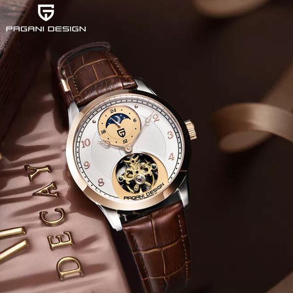 mechanical mens watches pagani design brand tourbillon automatic watch leather waterproof moon phase clock relogio masculino wristwatche, Slivery;brown
mechanical mens watches pagani design brand tourbillon automatic watch leather waterproof moon phase clock relogio masculino wristwatche, Slivery;brown