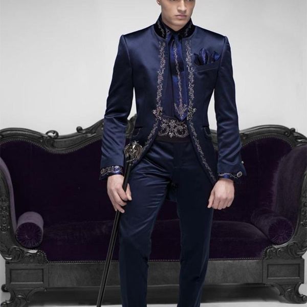 men's suits & blazers shiny satin mens stand-up collar navy blue embroidry formal wedding wear evening prom blazer jacket+pants+belt cu, White;black
men's suits & blazers shiny satin mens stand-up collar navy blue embroidry formal wedding wear evening prom blazer jacket+pants+belt cu, White;black