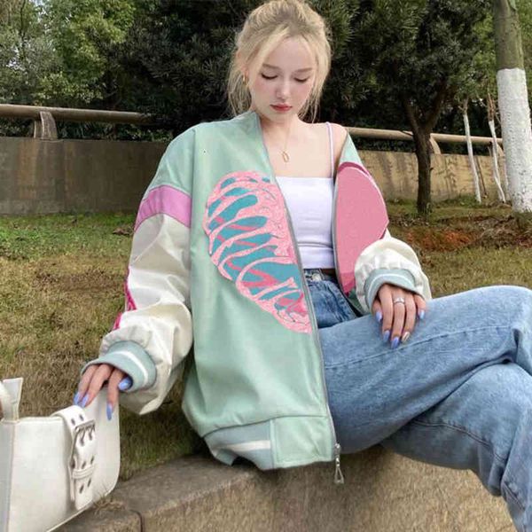 women's jackets women love skeleton embroidery baseball drop shoulder sleeves zipper coats korean style streetwear uniform c2tr, Black;brown
women's jackets women love skeleton embroidery baseball drop shoulder sleeves zipper coats korean style streetwear uniform c2tr, Black;brown