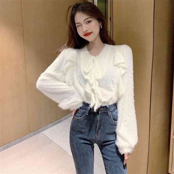 women french retro sweater autumn elegant ruffles long sleeve all-match lace-up pullovers female gk529 210507, White;black
women french retro sweater autumn elegant ruffles long sleeve all-match lace-up pullovers female gk529 210507, White;black