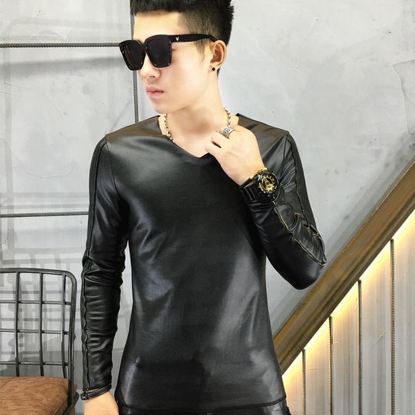 men's t-shirts s-5xl 2021 clothing hair stylist slim night club flush thickening pu underwear warm t-shirt plus size costumes, White;black 
men's t-shirts s-5xl 2021 clothing hair stylist slim night club flush thickening pu underwear warm t-shirt plus size costumes, White;black
