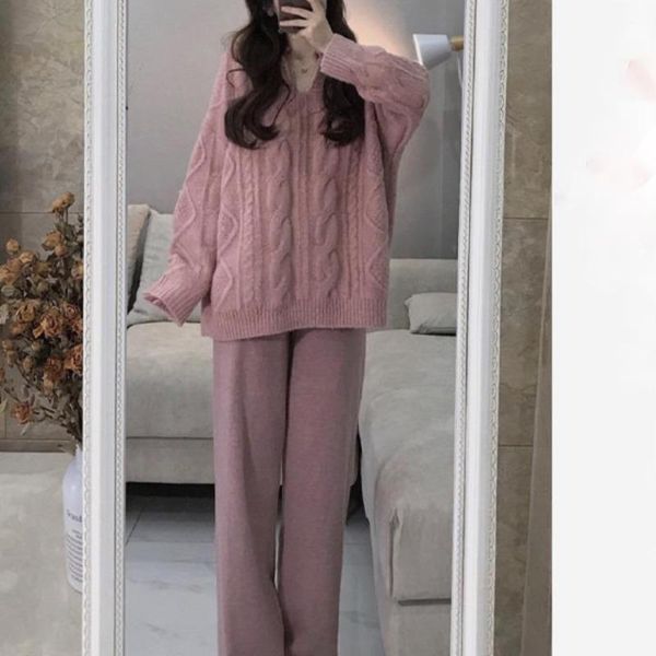 women's two piece pants sets oversize autumn korean style dress salt chic knitted sweater fashion wide leg suit, White
women's two piece pants sets oversize autumn korean style dress salt chic knitted sweater fashion wide leg suit, White