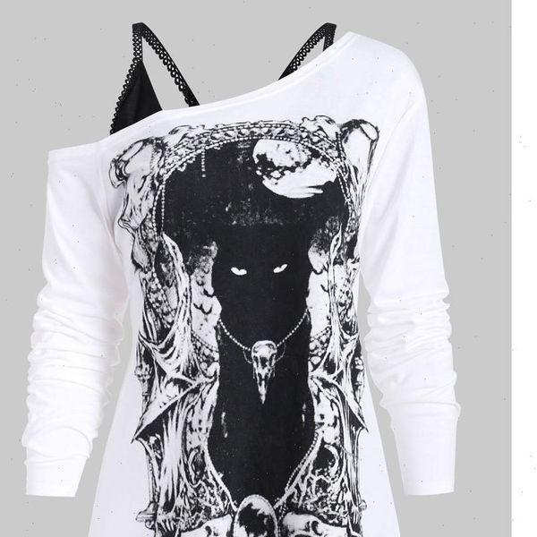 fashion womens shirts blouse women shirt skew neck cold shoulder cartoon print gothic tee with cami z4, White 
fashion womens shirts blouse women shirt skew neck cold shoulder cartoon print gothic tee with cami z4, White