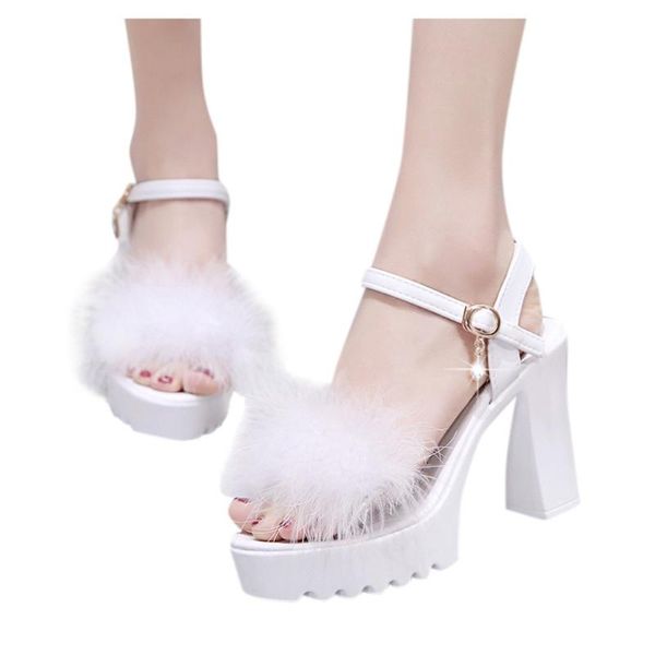 sagace summer ladies sandals fashion hairy open toe buckle waterproof platform with rhinestone high heels, Black