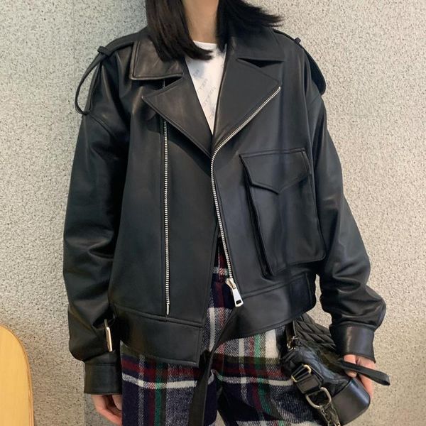 women's leather & faux 2021 spring genuine jacket short korean coats and jackets women clothes real sheepskin coat veste en cuir femme, Black
women's leather & faux 2021 spring genuine jacket short korean coats and jackets women clothes real sheepskin coat veste en cuir femme, Black