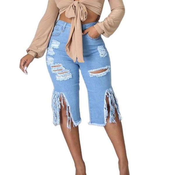 women's jeans perforated elastic tassel hole knee length pants boyfriend ripped plus size denim for women, Blue
women's jeans perforated elastic tassel hole knee length pants boyfriend ripped plus size denim for women, Blue