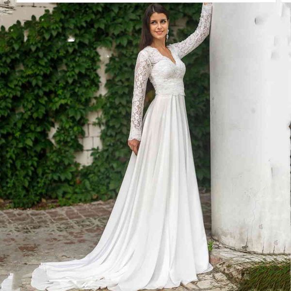 see through lace wedding dress 2021 beach bridal dress v-neck sweep train long sleeve bohemian vestidos de noiva, White
see through lace wedding dress 2021 beach bridal dress v-neck sweep train long sleeve bohemian vestidos de noiva, White