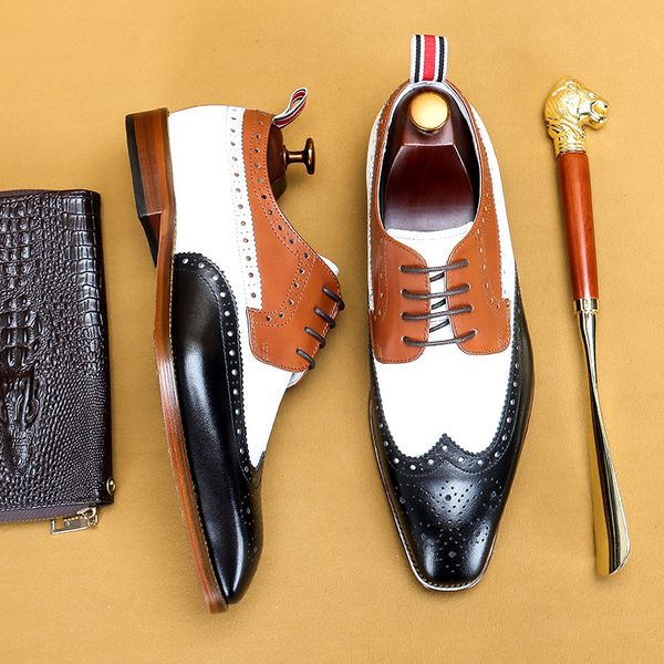 

Lacing Genuine Leather Formal Shoe For Men Wedding Business Oxford Brogue Shoes Black And White Color Pointed Toe Men Dress Shoe