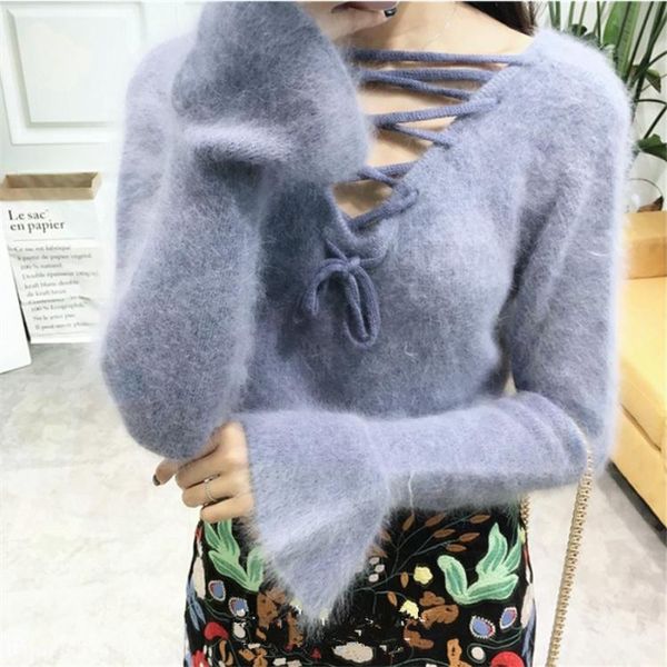women's sweaters lazy cute open back v-neck mink sweater autumn bandage short trumpet sleeve top, White;black
women's sweaters lazy cute open back v-neck mink sweater autumn bandage short trumpet sleeve top, White;black