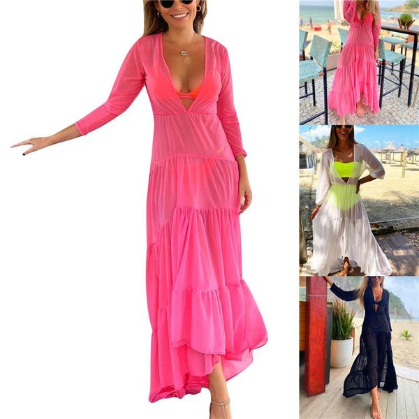 women fashion holiday beach deep v-neck long sleeve clothing one-piece cover up solid color irregular hem see-through dress women's swi, White;black
women fashion holiday beach deep v-neck long sleeve clothing one-piece cover up solid color irregular hem see-through dress women's swi, White;black
