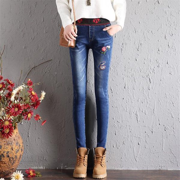 women's jeans winter fashion for women thick denim pencil pants embroidery flower elastic waist flocking casual skinny female trousers, Blue
women's jeans winter fashion for women thick denim pencil pants embroidery flower elastic waist flocking casual skinny female trousers, Blue