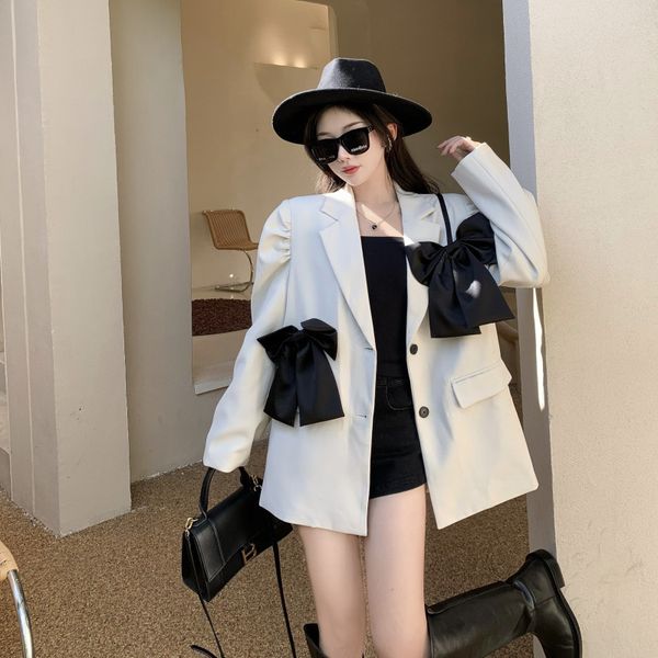 bow white suit coat women's spring and autumn middle long sleeved loose casual design temperament top, Black;gray
bow white suit coat women's spring and autumn middle long sleeved loose casual design temperament top, Black;gray
