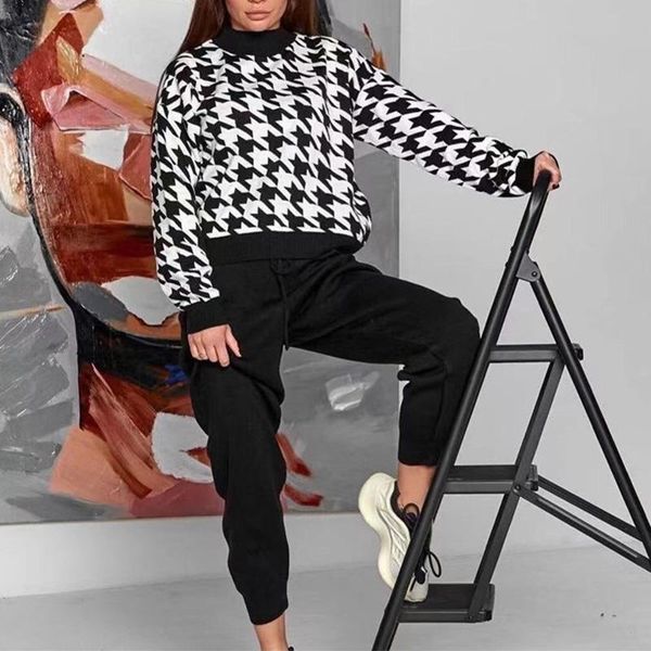 women's two piece pants houndstooth print sweater 2 pieces set o-neck pullover and drawstring pockets suit female 2021 winter casual, White
women's two piece pants houndstooth print sweater 2 pieces set o-neck pullover and drawstring pockets suit female 2021 winter casual, White