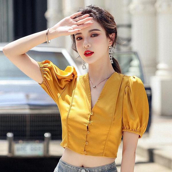 women's blouses & shirts summer short sleeve blouse 2021 french style puff single breasted crop shirt v neck yellow satin women, White
women's blouses & shirts summer short sleeve blouse 2021 french style puff single breasted crop shirt v neck yellow satin women, White