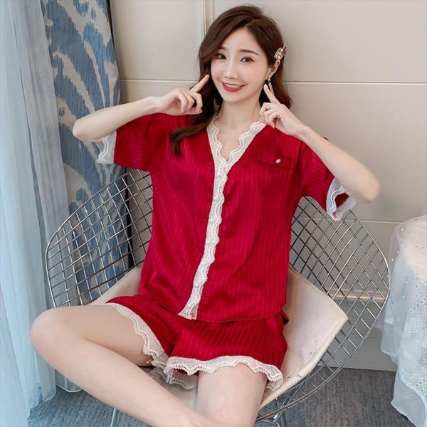 stain lace pajamas set 2pieces women sleepwear spring summer short elegant solid color v neck ice silk homewear, Black;red
stain lace pajamas set 2pieces women sleepwear spring summer short elegant solid color v neck ice silk homewear, Black;red