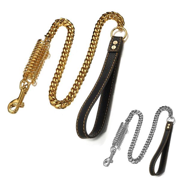 dog collars & leashes strong gold metal cuban chain stainless steel safety leash buffer spring labor-saving genuine leather handle 20e
dog collars & leashes strong gold metal cuban chain stainless steel safety leash buffer spring labor-saving genuine leather handle 20e