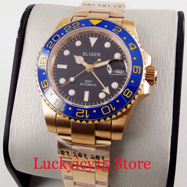 bliger whole rose gold mechanical self winding men watch gmt movement sapphire glass mental strap blue ceramic bezel, Slivery;brown
bliger whole rose gold mechanical self winding men watch gmt movement sapphire glass mental strap blue ceramic bezel, Slivery;brown